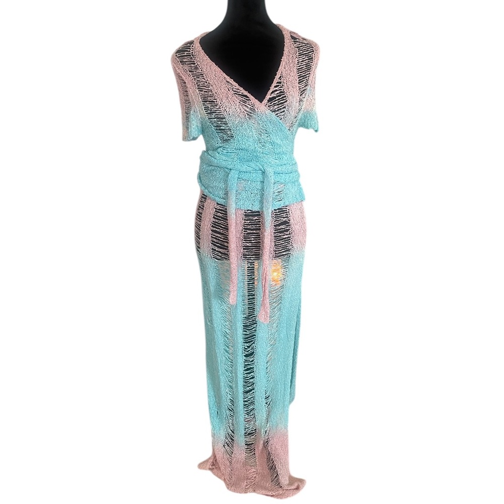 2 Piece Set Festival Crochet Knit Coverup Top Skirt Pink,Blue,knit,New - Picture 2 of 14